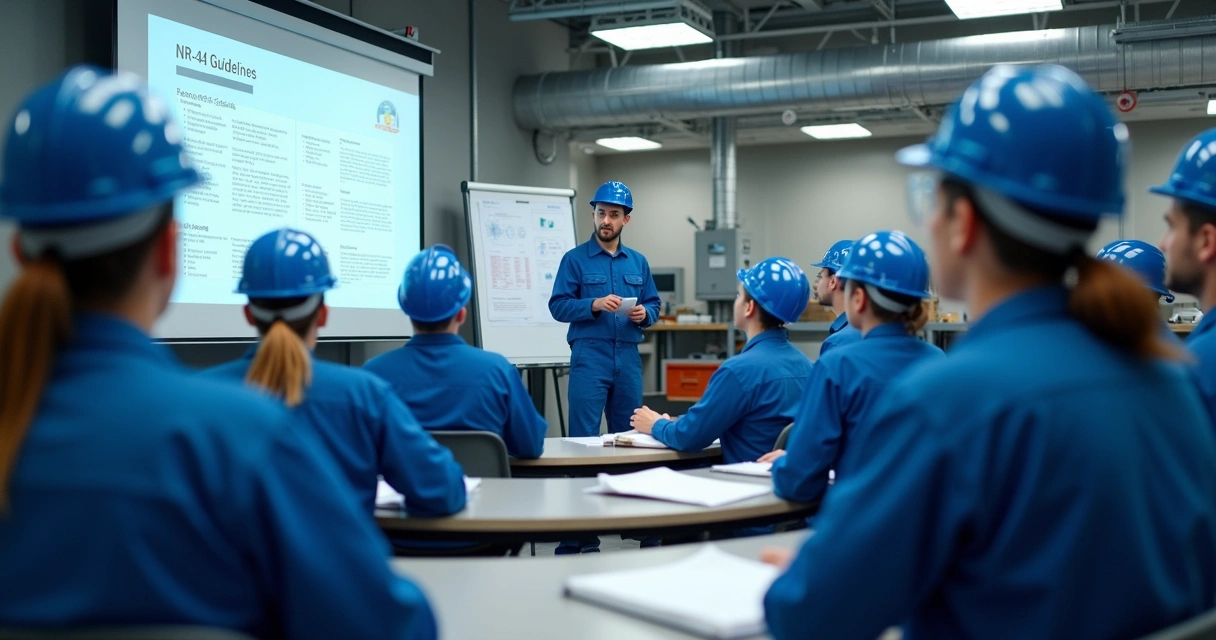 Equipe recebe treinamento NR-34 em sala industrial, instrutor aponta slides. 