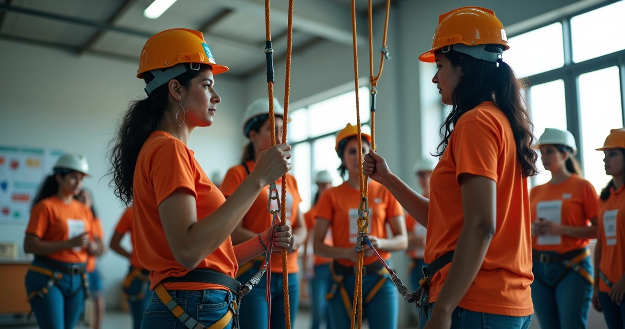Grupo de mulheres aprendendo sobre segurança do trabalho em aula prática