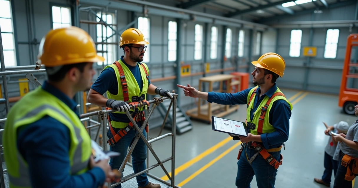 Instrutor de segurança orientando trabalhador com cinto para trabalho em altura em plataforma elevada 