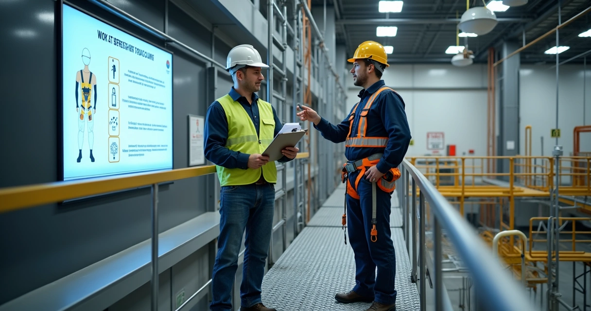 Instrutor orienta trabalhador com cinturão de segurança em treinamento NR-35 em altura controlada 