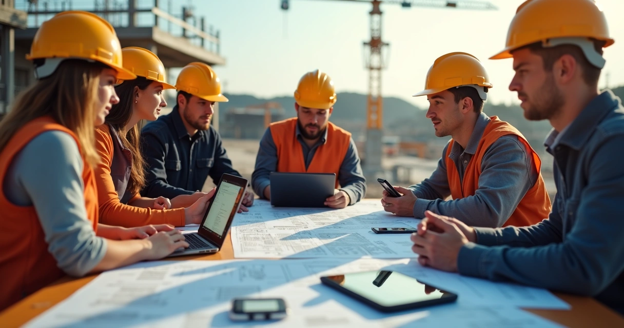 Engenheiros treinando com solução digital na obra, olhando para telas 