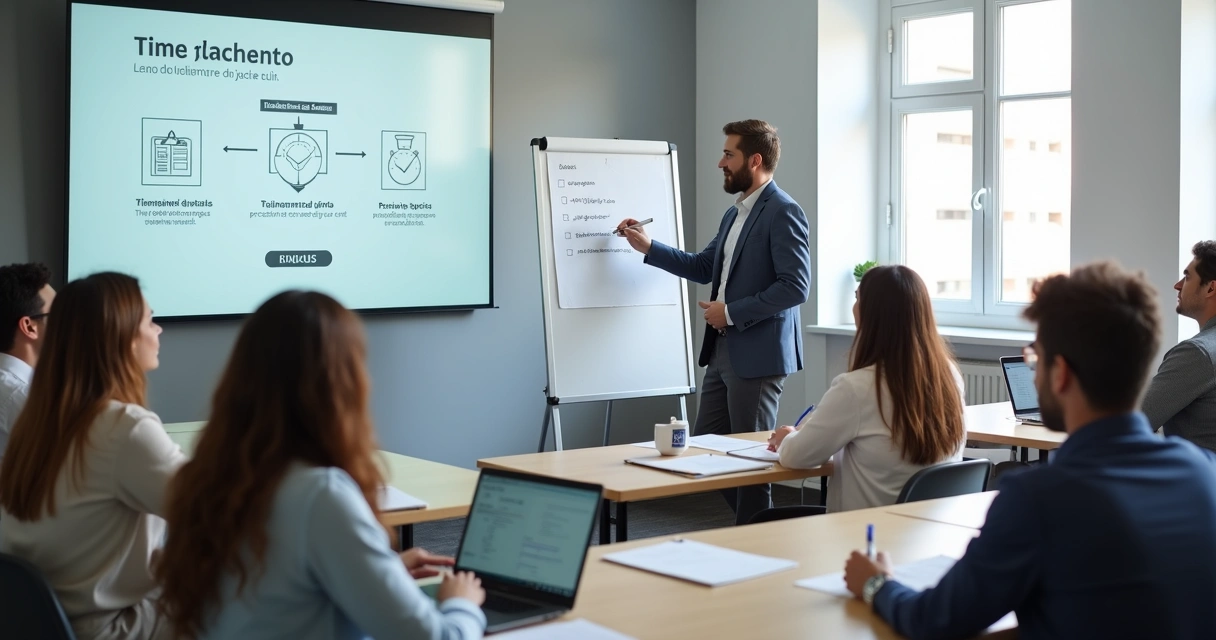 Instrutor de treinamento apontando para quadro com regras de registro de ponto 