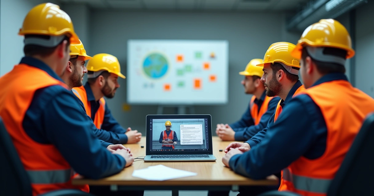 Grupo de trabalhadores assistindo treinamento online sobre segurança. 