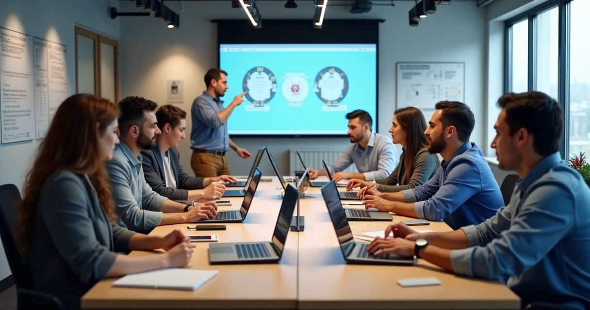 Colaboradores participando de treinamento online com computadores e anotações 