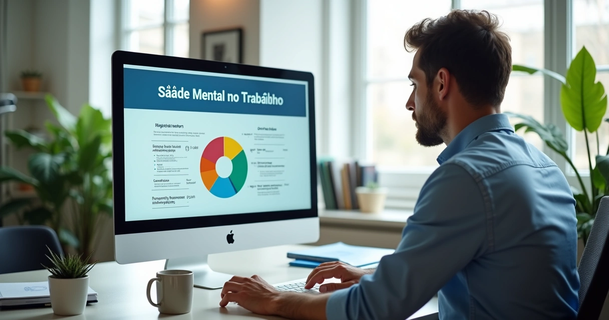 Funcionário fazendo treinamento online em computador sobre saúde mental e risco psicossocial 