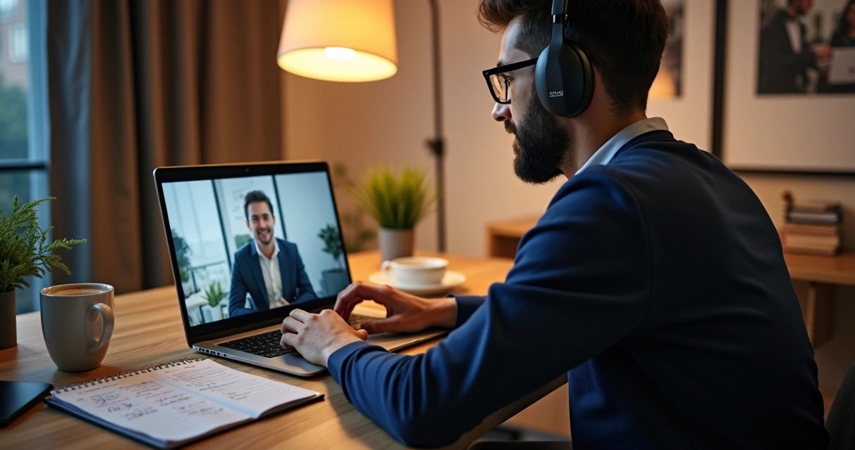 Pessoa estudando comunicação online com computador, fones e materiais 