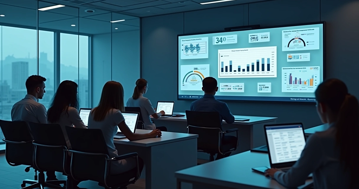 Colaboradores assistindo aula em plataforma digital em um ambiente corporativo