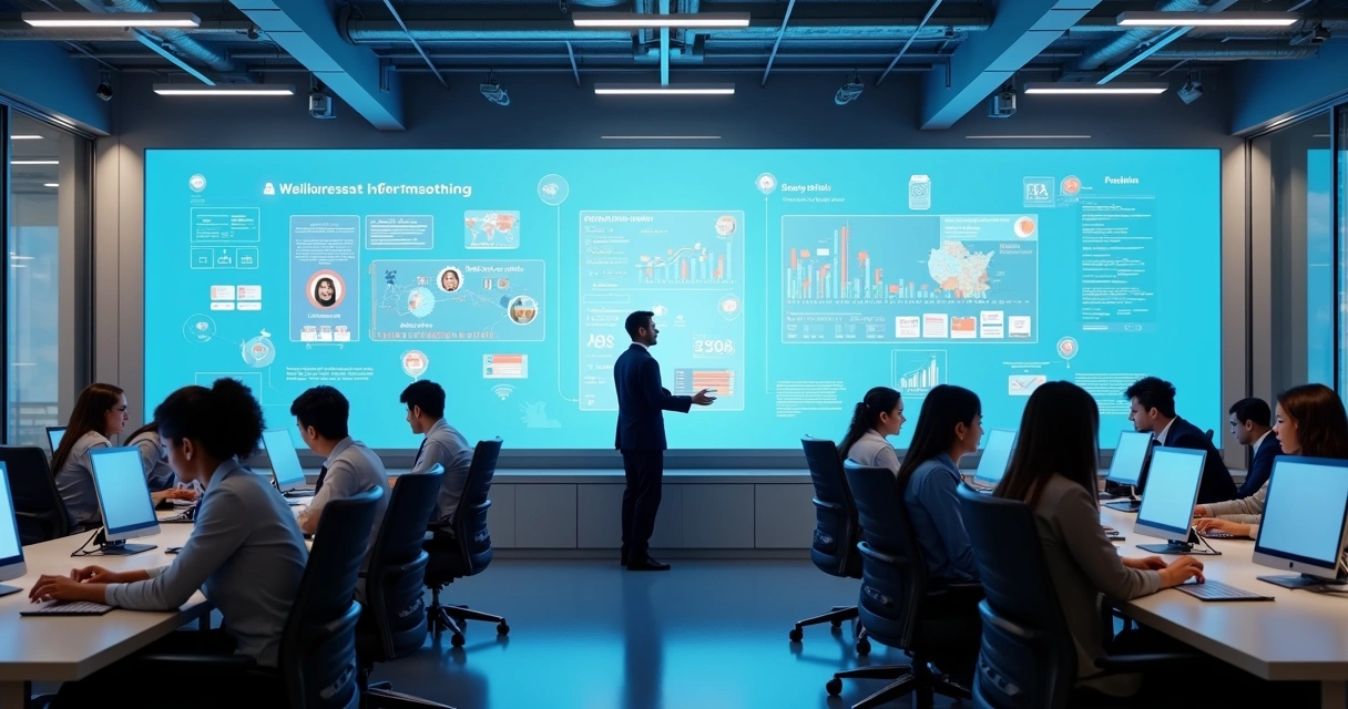 Sala virtual com pessoas estudando em computadores no ambiente corporativo 