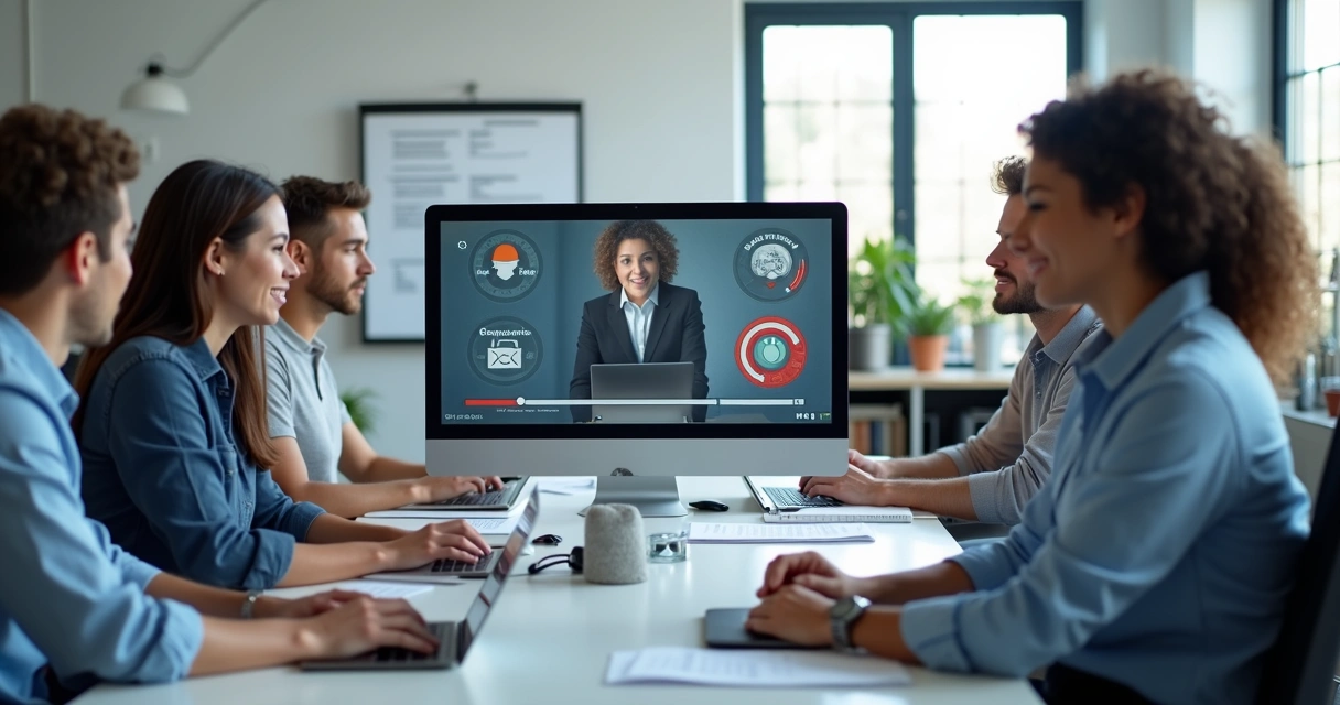 Colaboradores realizando treinamento online de segurança em escritório