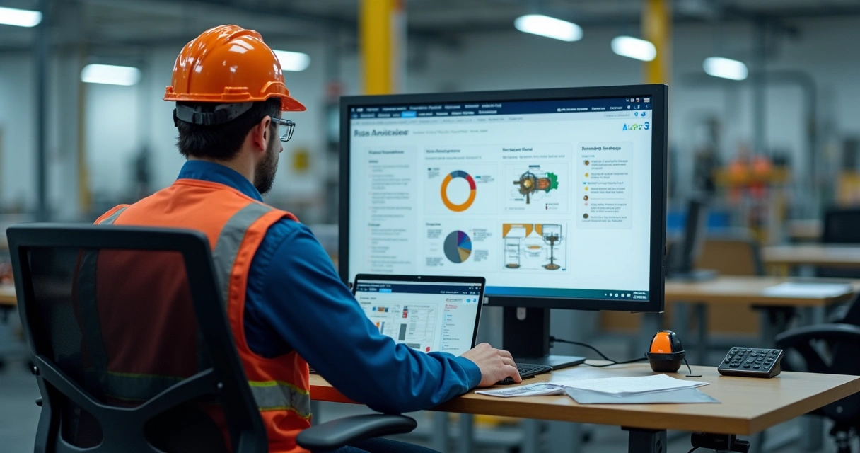 Profissional industrial assistindo aula online no notebook