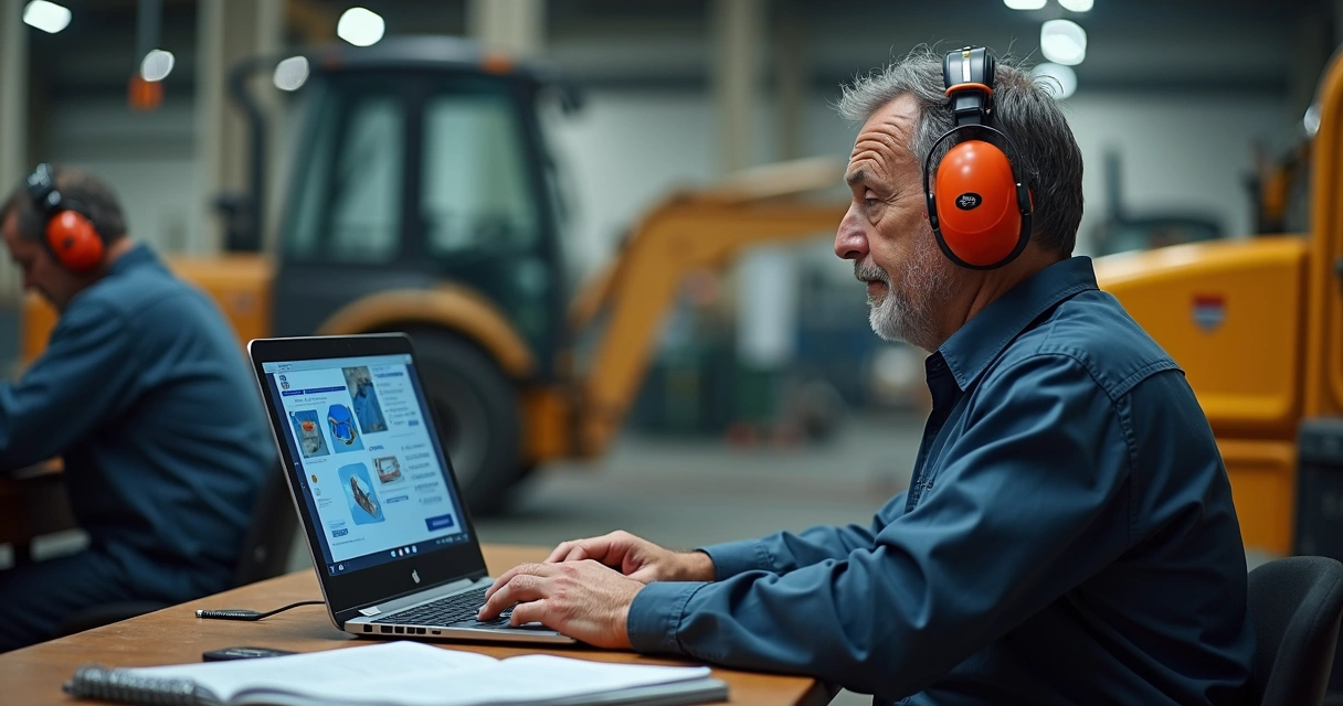 Funcionário assistindo treinamento online em ambiente industrial 