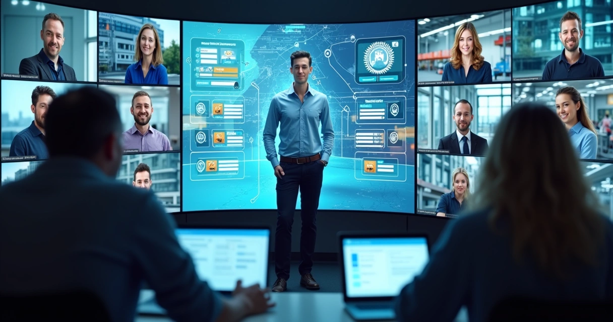 Instrutor ministra treinamento EAD sobre segurança do trabalho em sala digital interativa