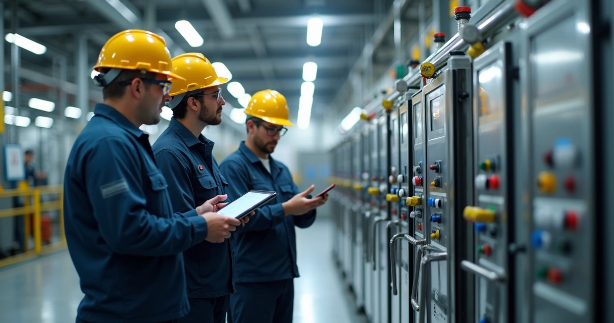 Equipe industrial em treinamento diante de equipamento novo 