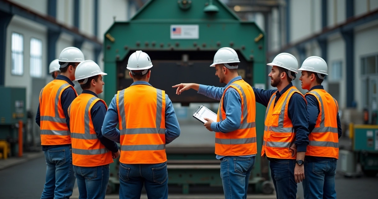 Treinamento de operadores ao redor de máquina industrial 