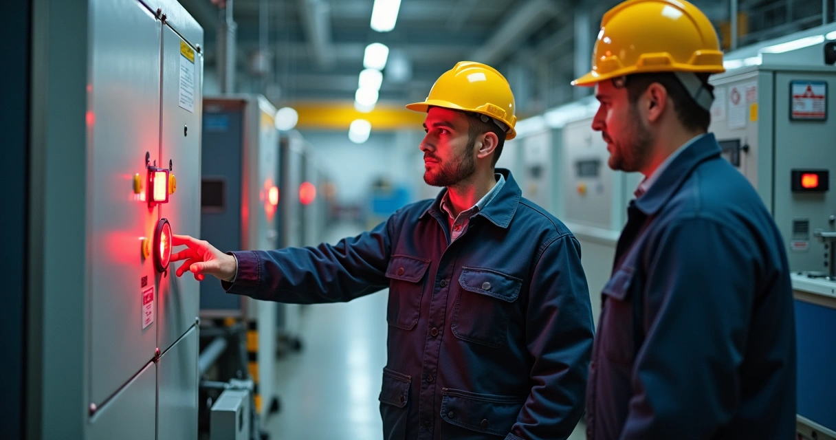 Treinamento de operador usando sistema de parada de emergência em fábrica 