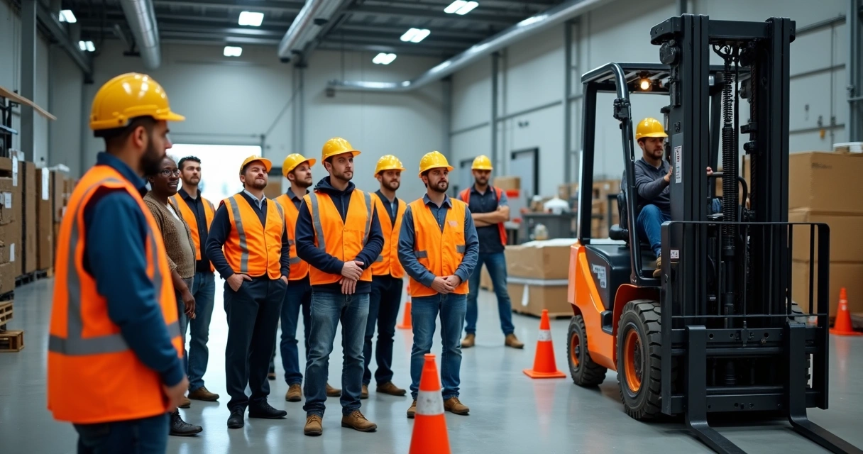 Operadores de máquinas em treinamento prático de segurança 
