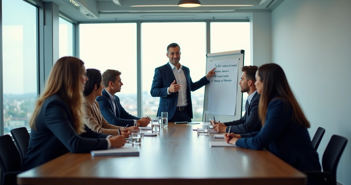 Equipe política em treinamento de oratória em sala de reunião moderna 