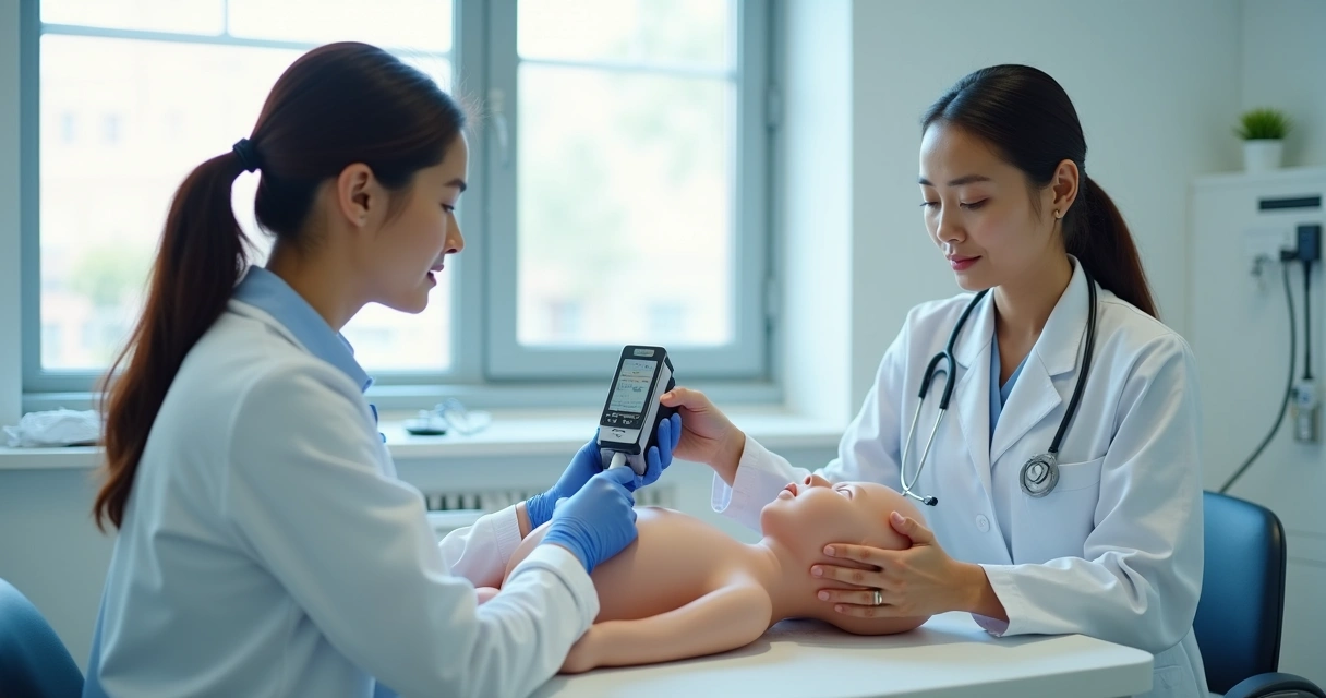 Residente médico aprendendo a usar orquidômetro em boneco de simulação em sala de treinamento 