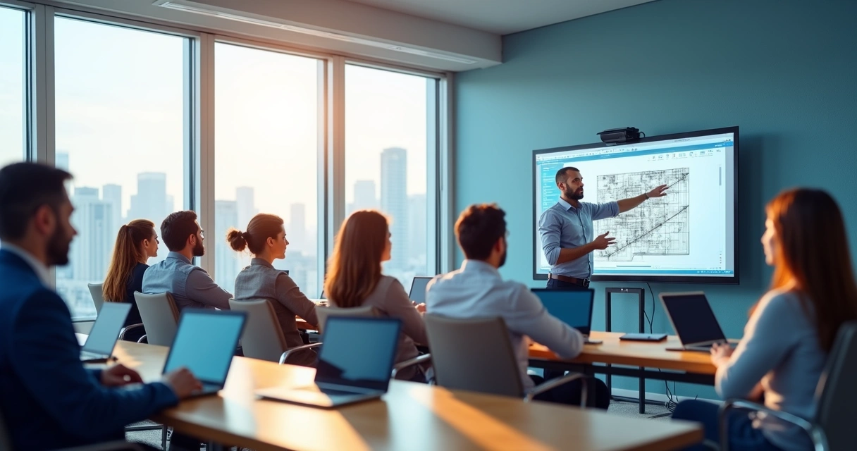 Treinamento técnico para parceiros de construtech em sala de aula moderna 