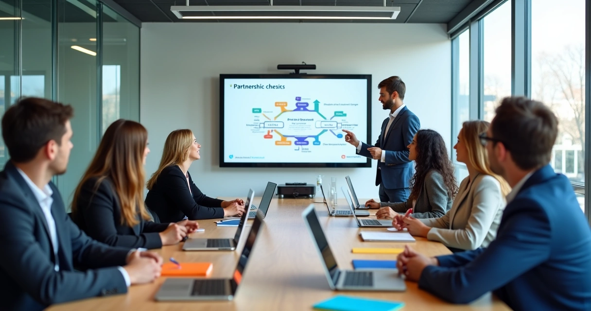 Customer Success liderado por parceiros: 7 ações para reduzir churn Parceiros sendo treinados por instrutor em ambiente organizado