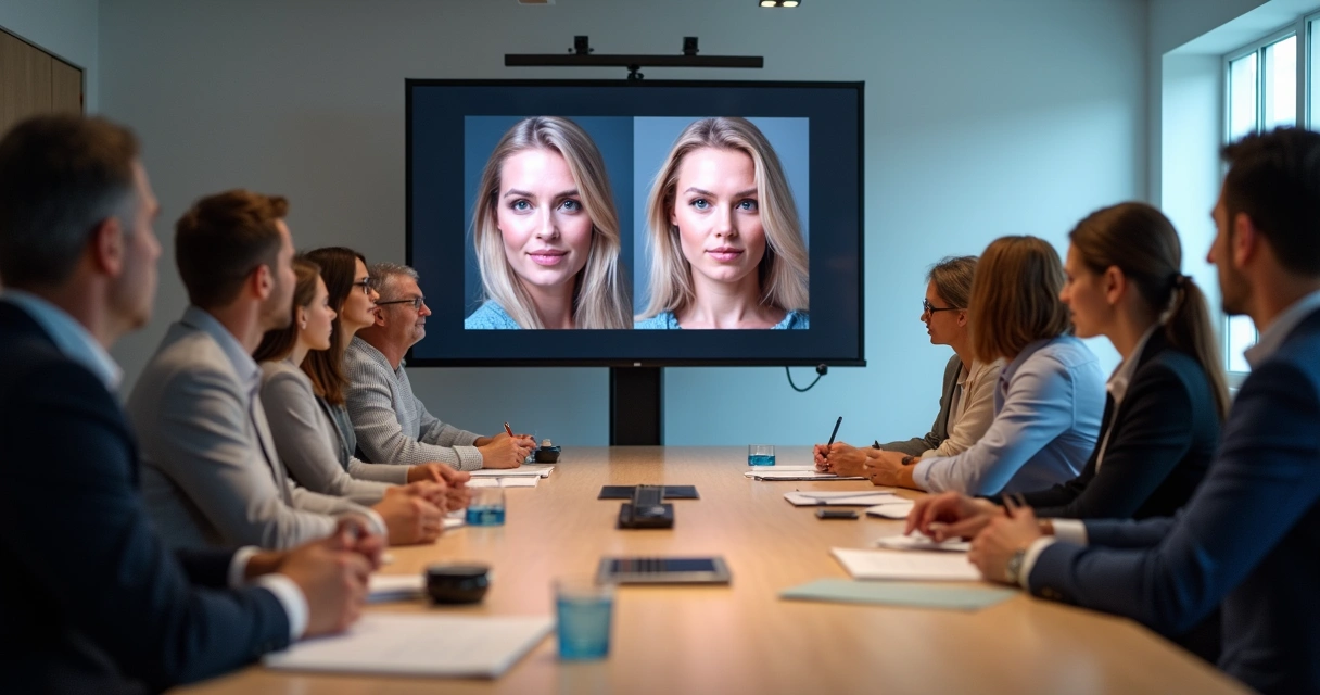 Treinamento profissional com pessoas observando rostos em uma tela e discutindo impressões. 