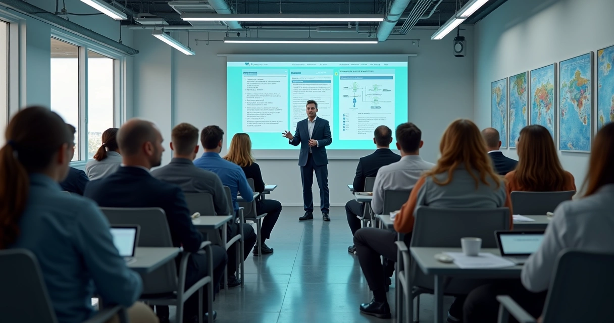 Equipe reunida em sala assistindo a treinamento periódico sobre segurança 
