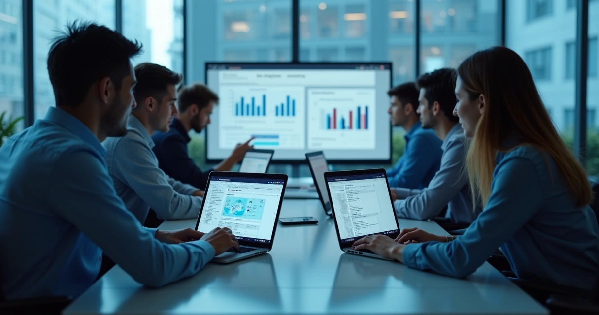 Ambiente moderno de treinamento online com computador e gráficos de aprendizagem 