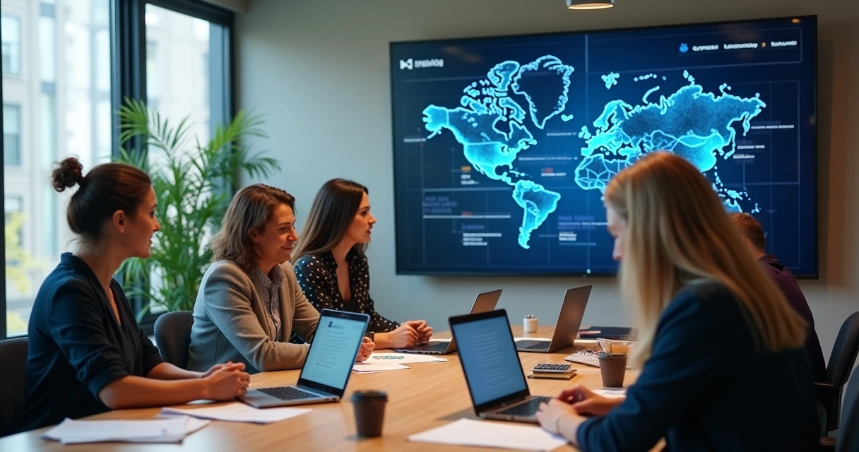Equipe de RH em sala moderna usando notebooks e tela grande analisando sugestões de treinamento geradas por IA 