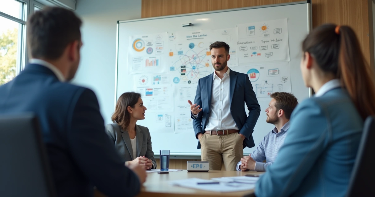 Instrutor ensinando equipe sobre IA 