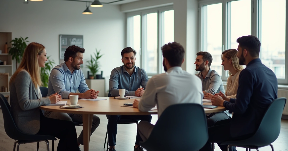 Equipe comercial sentada em círculo praticando pitch de vendas, líder orientando alguns membros enquanto outros escutam atentos