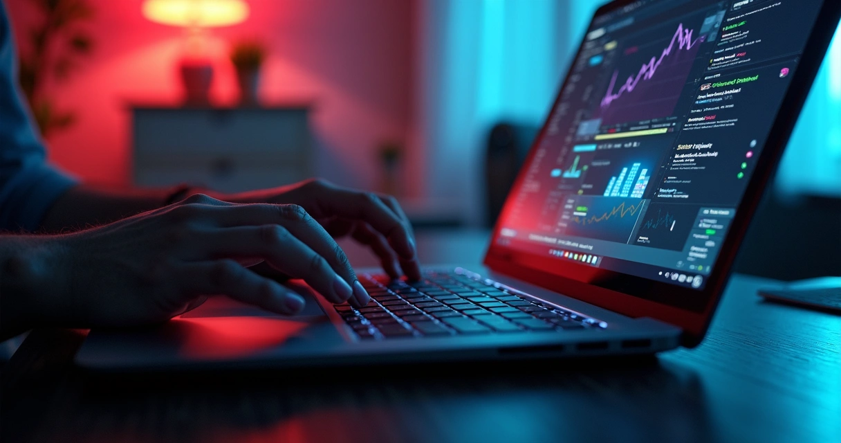 Pessoa usando laptop com interface de plataforma digital e anotações ao redor 