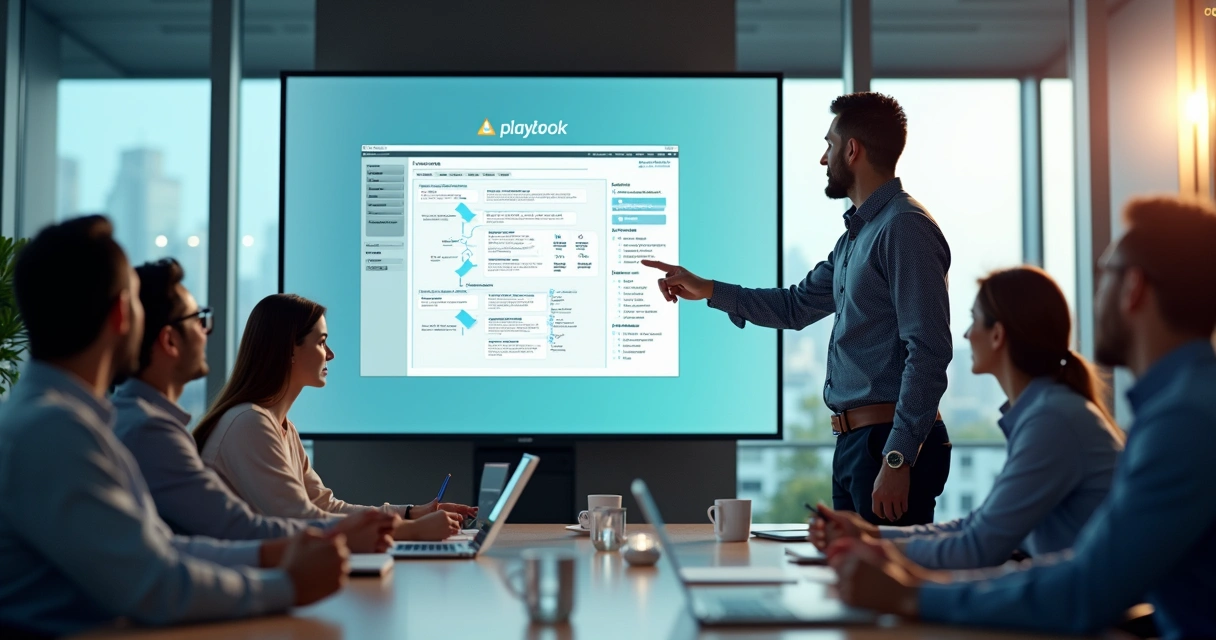 Equipe reunida, líder apresentando playbook em tela, membros atentos 