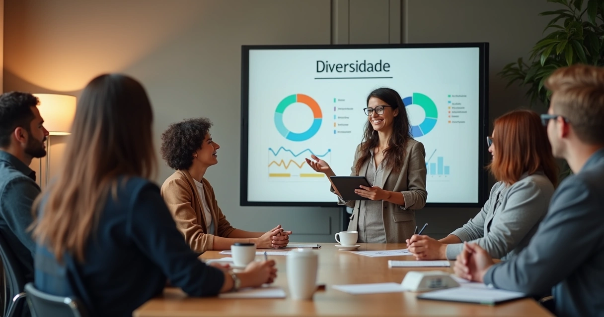 Pessoas de várias origens em treinamento empresarial sobre diversidade. 