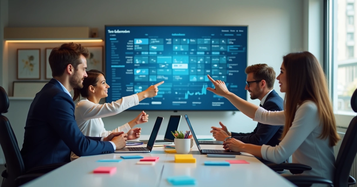 Equipe reunida em treinamento gamificado, colaborando para resolver desafio 