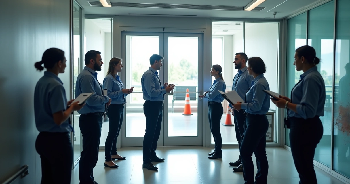 Treinamento de equipe empresarial sobre segurança de portas automáticas 