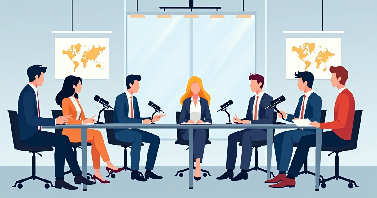 Sala de treinamento com pessoas simulando entrevistas de imprensa 