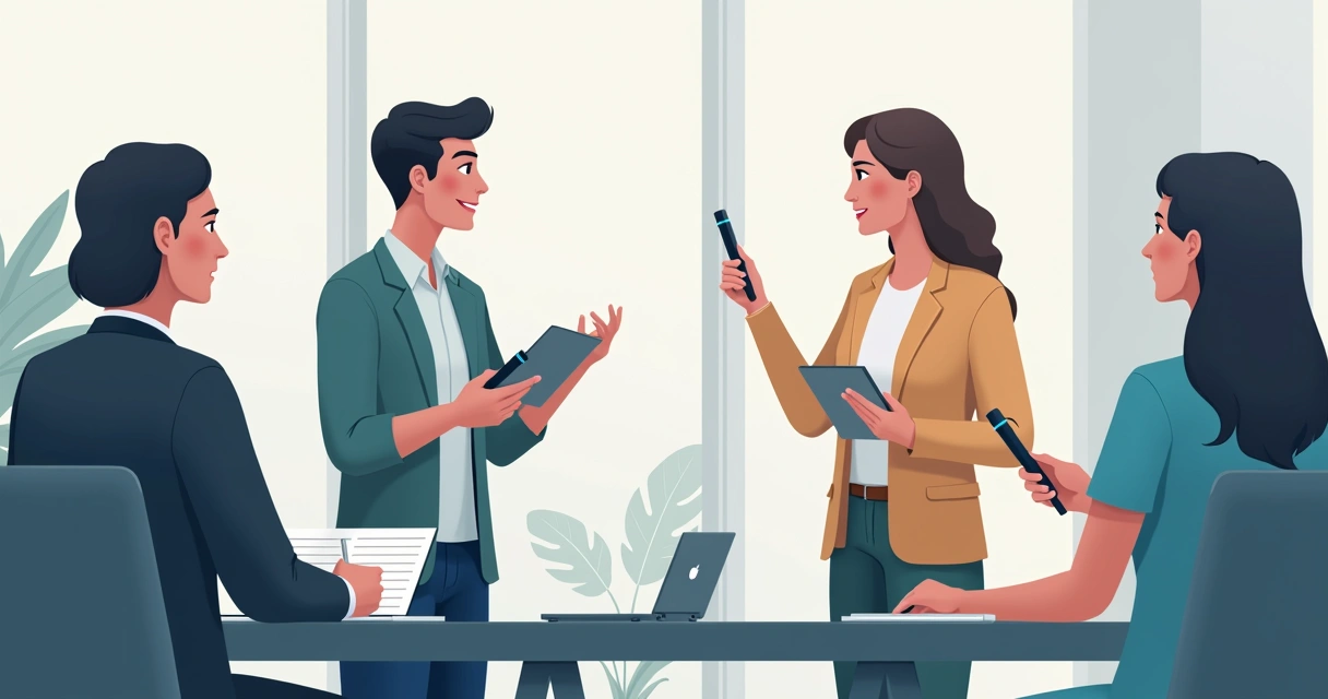 Equipe treinando comunicação de crise com simulação de imprensa 