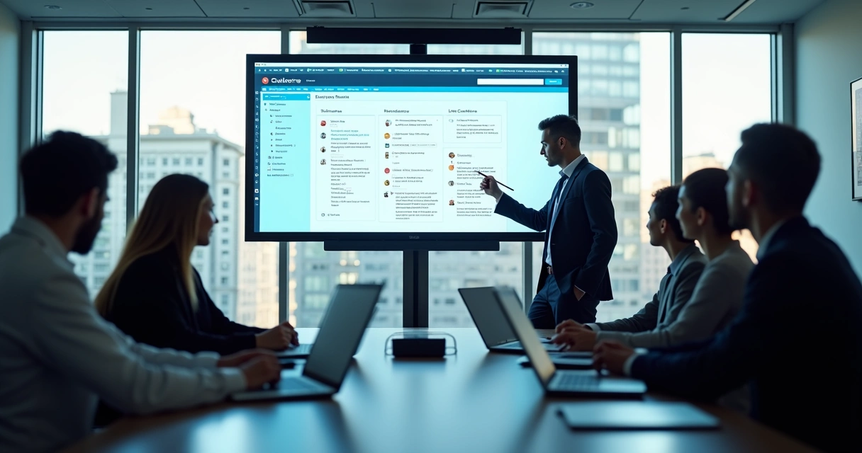 Grupo de funcionários em treinamento sobre portal de suporte de TI 