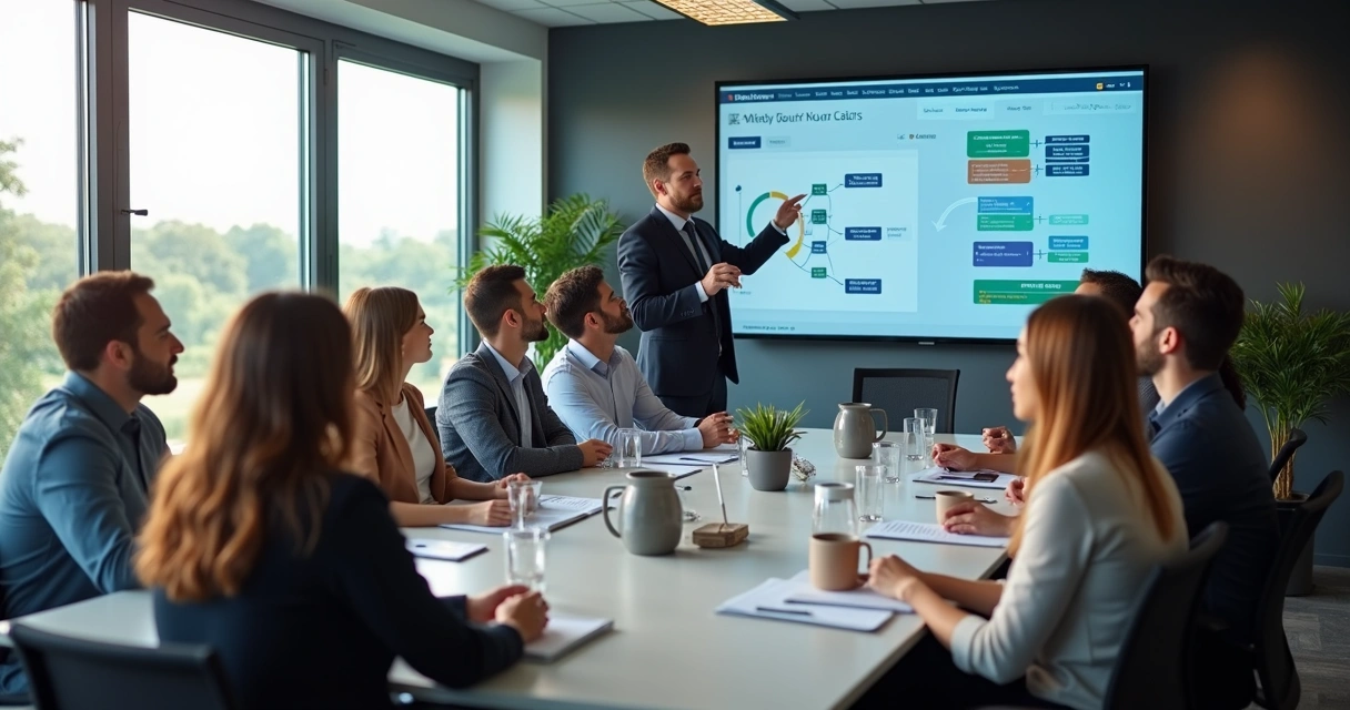 Grupo de colaboradores assistindo a treinamento sobre Power Apps em sala moderna com monitor grande