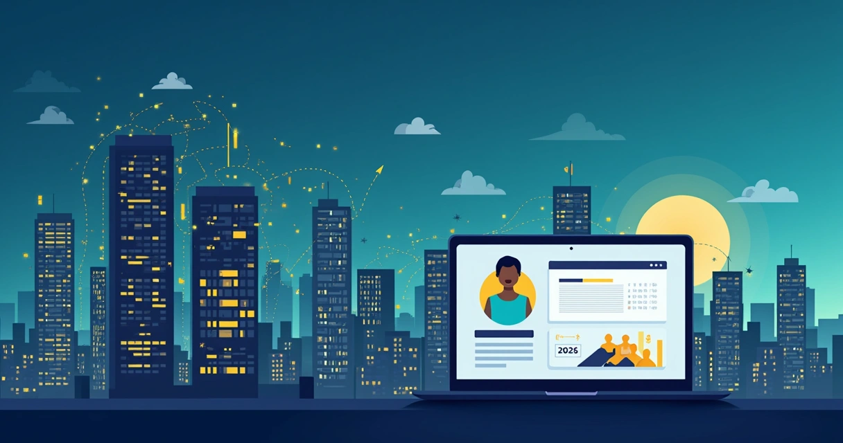 Ilustração de cidade conectada por dashboards corporativos de Power BI 