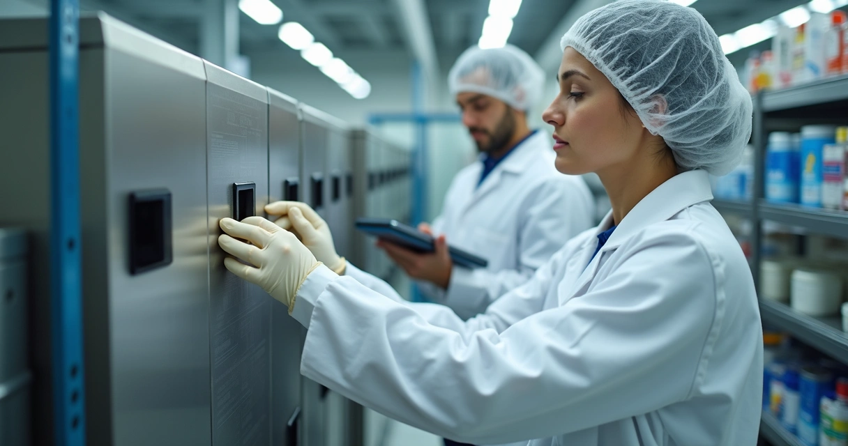 Funcionário com roupa branca realizando higienização de equipamento em indústria de alimentos 