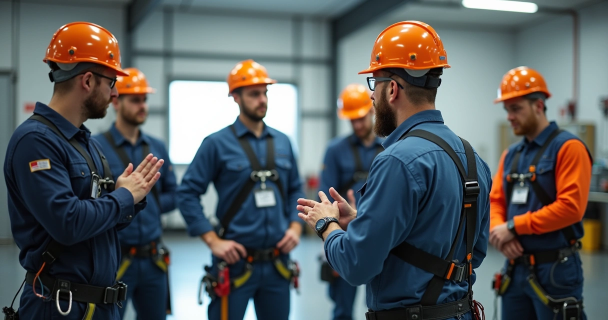 Treinamento prático de trabalho em altura com instrutor e alunos