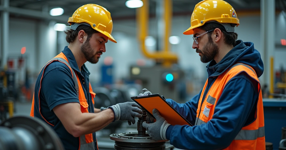 Treinamento prático em ambiente industrial com trabalhador e instrutor 