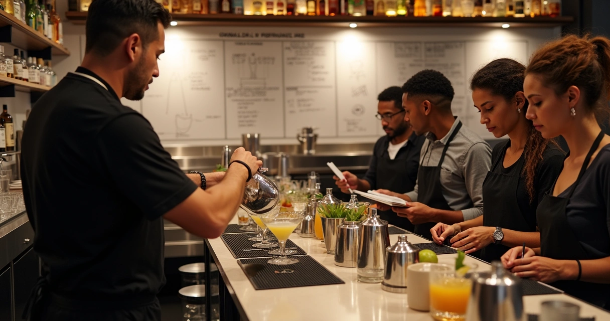 Instrutor de bartending orientando grupo de alunos em bancada profissional de bar 