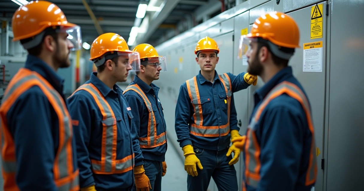 Instrutor e alunos praticando simulação de emergência elétrica com equipamentos de proteção