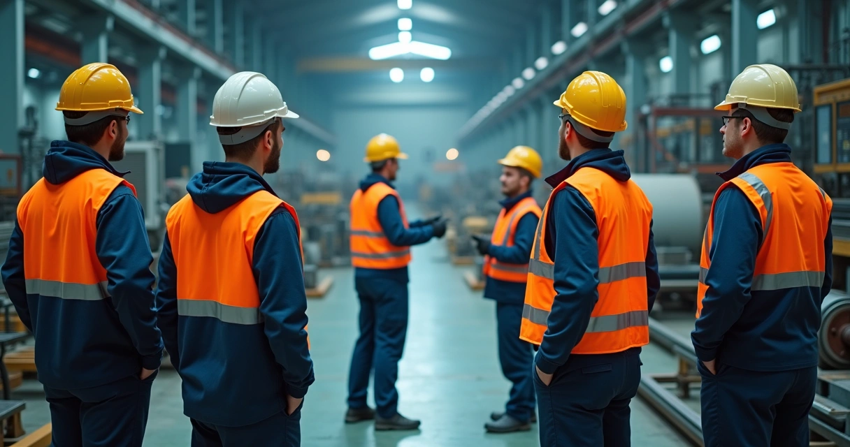 Funcionários com equipamentos de proteção em treinamento prático em ambiente industrial