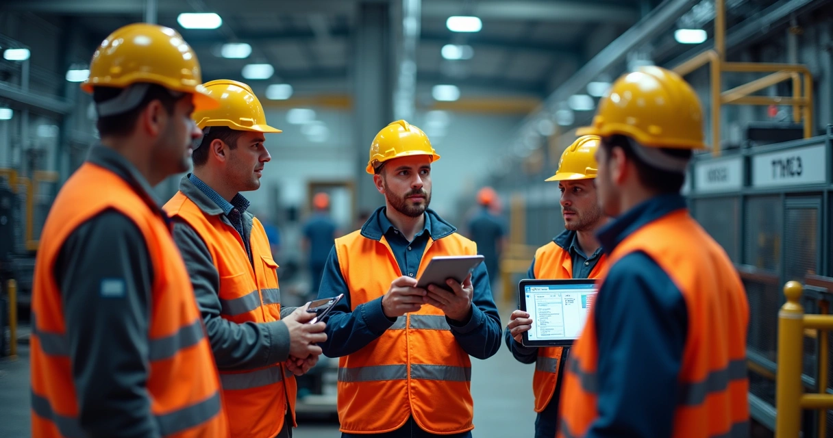 Colaboradores realizando treinamento prático em indústria 