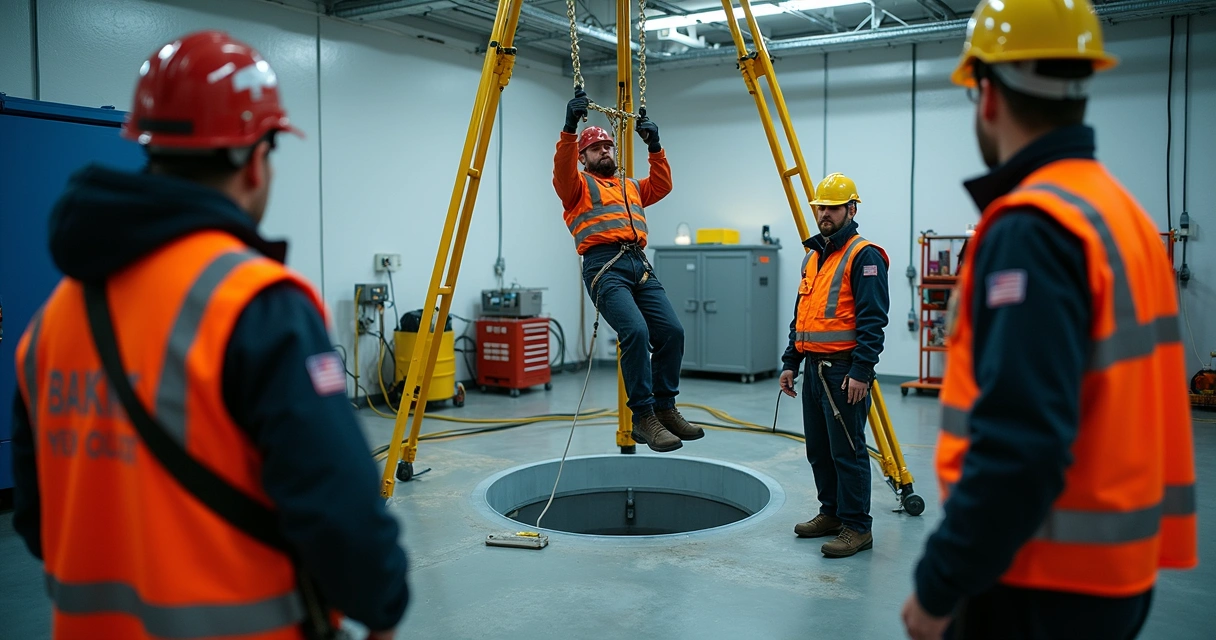Simulação de resgate em espaço confinado com instrutor e alunos em EPI 