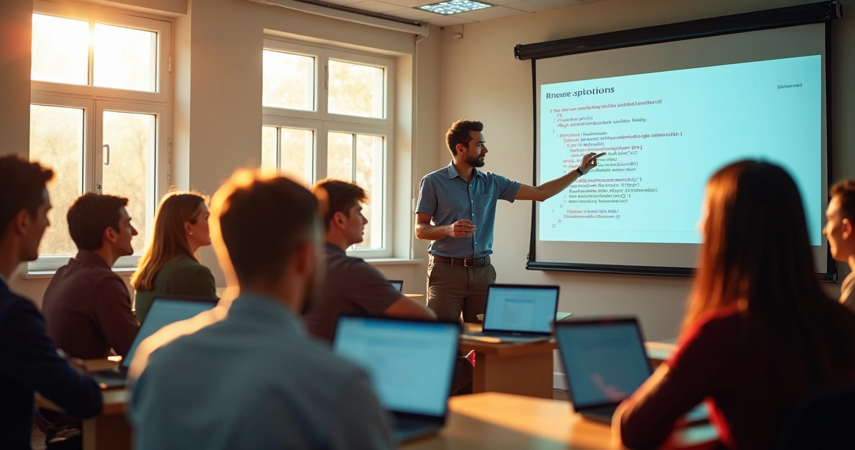 Turma em treinamento prático de SQL com notebooks em mãos 