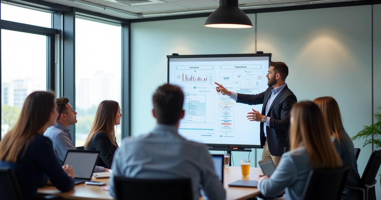 Treinamento de equipe de pré-venda com instrutor apontando para um quadro com fluxos e estratégias. 